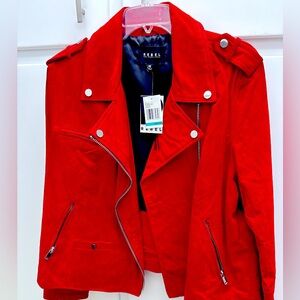 OS Beautiful Red Suede moto jacket with zipper and buckle details. Pockets NWT